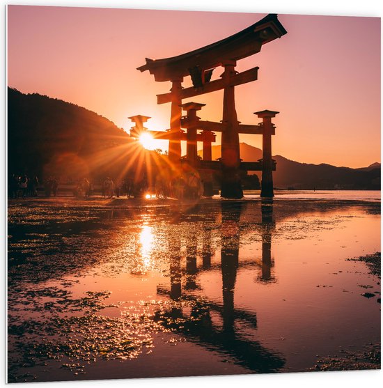 PVC Schuimplaat- Ondergaande Zon - Itsukushima Shrine Japan - 100x100 cm Foto op PVC Schuimplaat