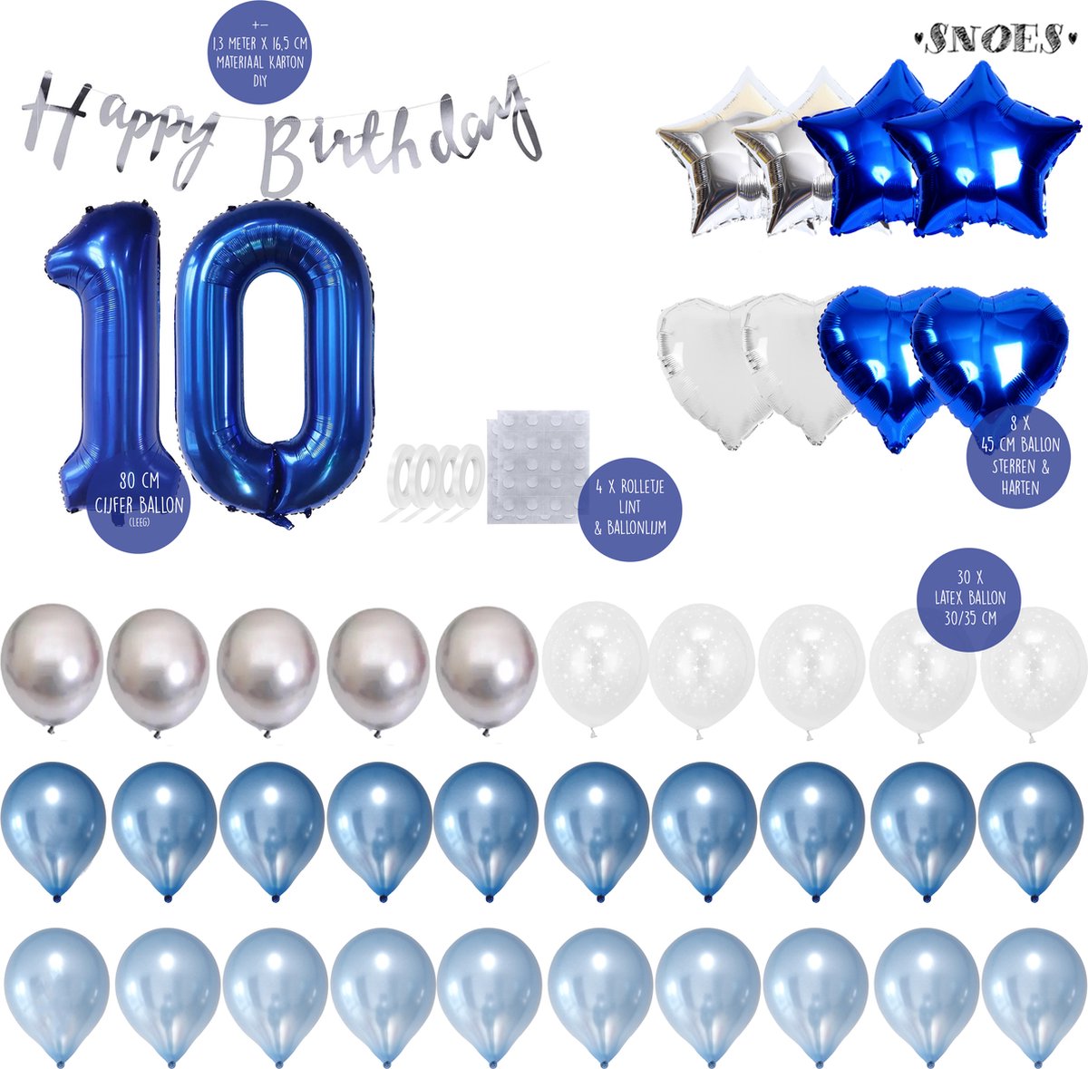 Snoes Ballonnen 10 Jaar Set Mega Blauw Zilver Ballon Compleet snoes-ballonnen-10-jaar-set-mega-blauw-zilver-ballon-compleet