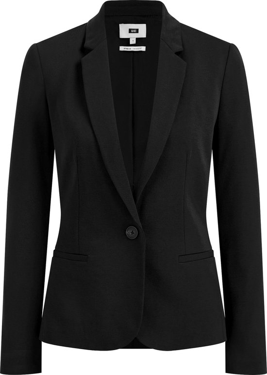 Zwarte getailleerde blazer met reverskraag en één knoopsluiting.