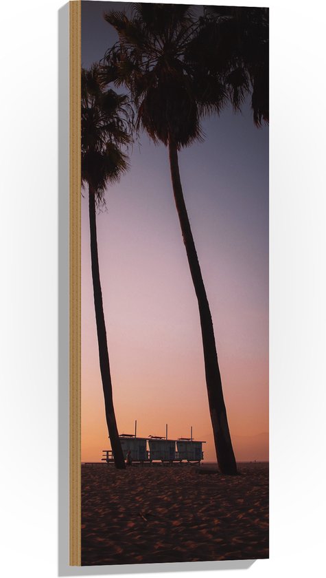 Hout - Palmbomen op Strand met Roze Gele Lucht - 30x90 cm - 9 mm dik - Foto op Hout (Met Ophangsysteem)