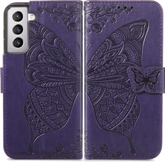 Hoesje geschikt voor Samsung Galaxy S23 - Bookcase - Pasjeshouder - Portemonnee - Vlinderpatroon - Kunstleer - Donkerpaars