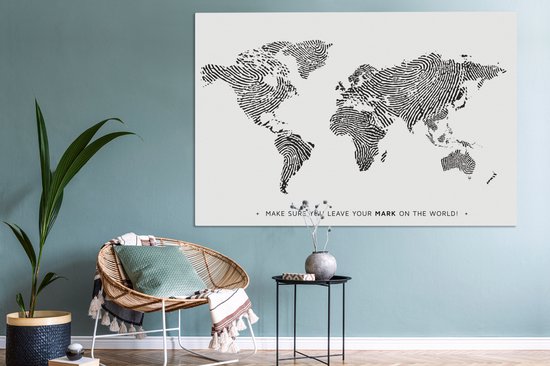 Wereldkaart en toile - Citation - Empreinte digitale - 180x120 cm - Décoration murale