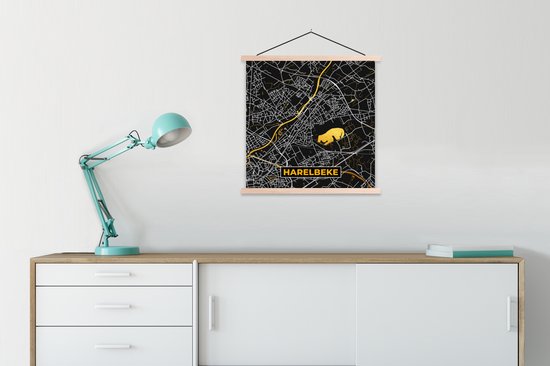 Posterhanger incl. Poster 60x60 cm - Schoolplaat - Stadskaart - Harelbeke - Plattegrond - Goud - Kaart - Textielposter - Blanke latten - Stadskaart