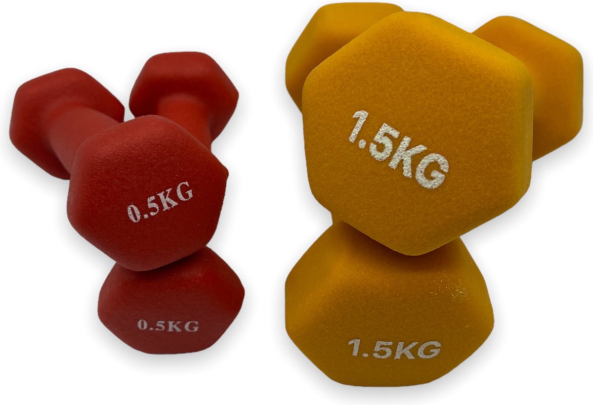 dumbells - Neopreen set 0,5 en 1,5 kg - dumbellset - rood en oranje - halterset - fitness gewicht