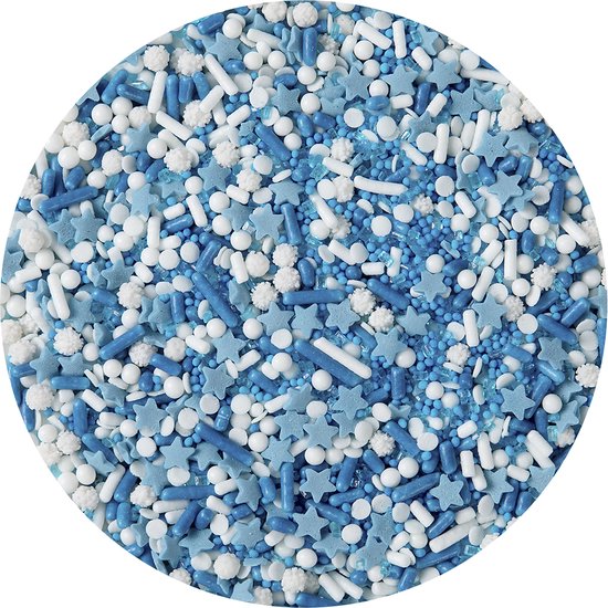 Blauwe, witte en lichtblauwe strooisels met sterretjes, bolletjes en staafjes.