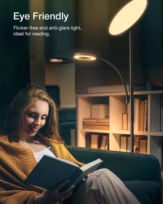 OUTON Dimbare LED Vloerlamp met Afstandsbediening en Touchbediening, 36W 2700LM, 4 Kleurtemperaturen, 3 Draaibare Lampkoppen, Moderne Leeslamp Staande Lamp voor Woonkamer, Slaapkamer, Kantoor, Wit