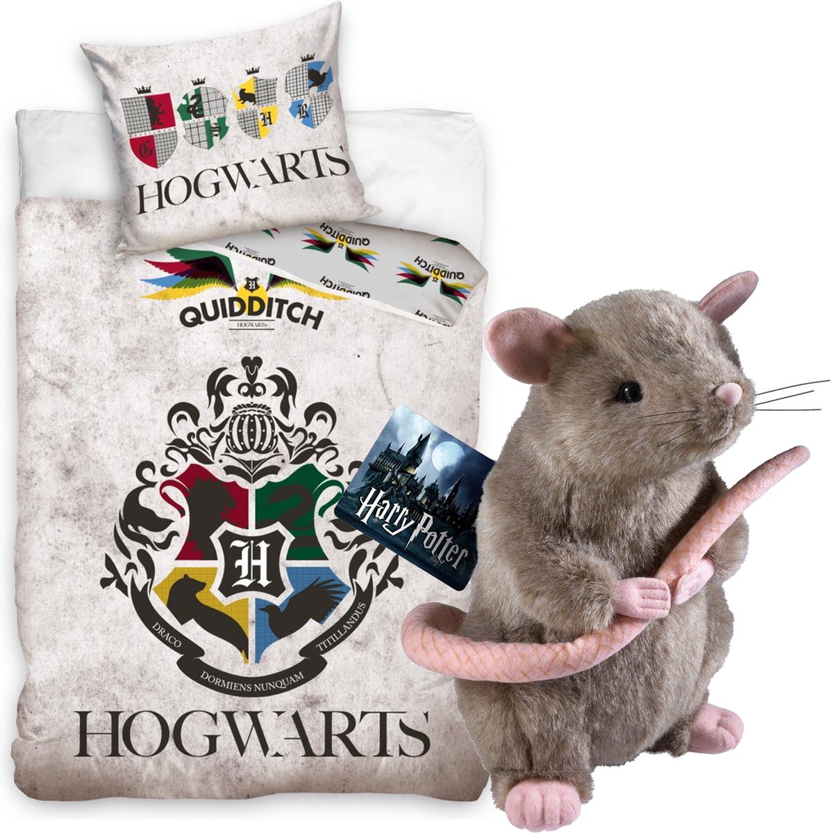Harry Potter Zweinstein- Quidditch- Color Logo- Dekbedovertrek - Eenpersoons - 140x200 cm -katoen- Reversible- incl. Pluche rat