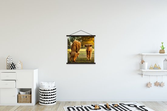 Porte-affiche avec affiche - Affiche scolaire - Highlanders écossais - Veau - Automne - 40x40 cm - Lattes noires