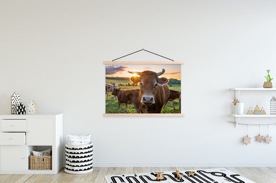 Porte-affiche avec affiche - Affiche scolaire - Vaches - Soleil - Pâturage - Campagne - 150x100 cm - lattes vierges