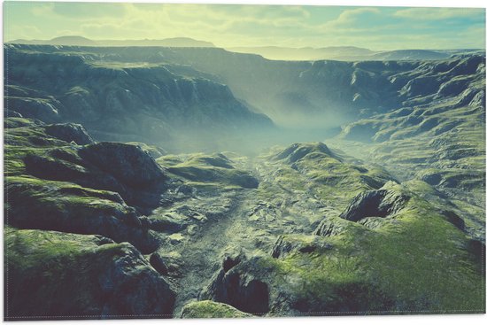Vlag - Moerassig Landschap met Bergen vol Mist - 60x40 cm Foto op Polyester Vlag