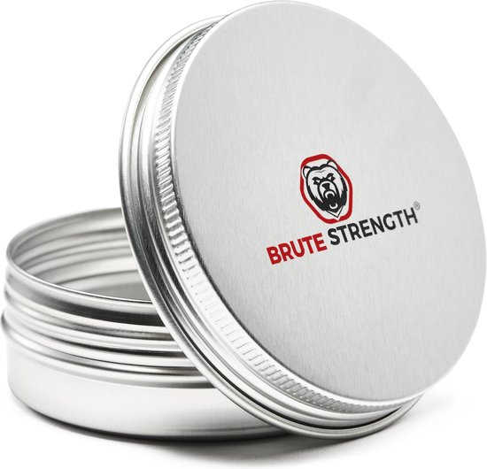 Open metalen blikje met het logo 'Brute Strength' erop.
