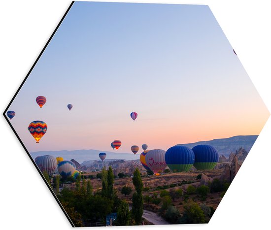 Dibond Hexagon - Lucht Vol Hete Luchtballonnrn boven Landschap in de Avond - 40x34.8 cm Foto op Hexagon (Met Ophangsysteem)