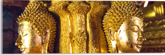 Acrylglas - Pilaar met Gouden Boeddha's en Details - 60x20 cm Foto op Acrylglas (Met Ophangsysteem)