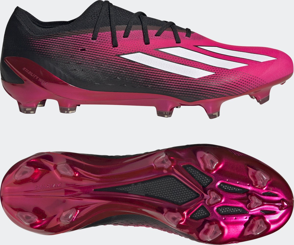 adidas X Speedportal.1 voetbalschoenen in roze met zwarte accenten, lichtgewicht, firm ground, maat 47 1/3.