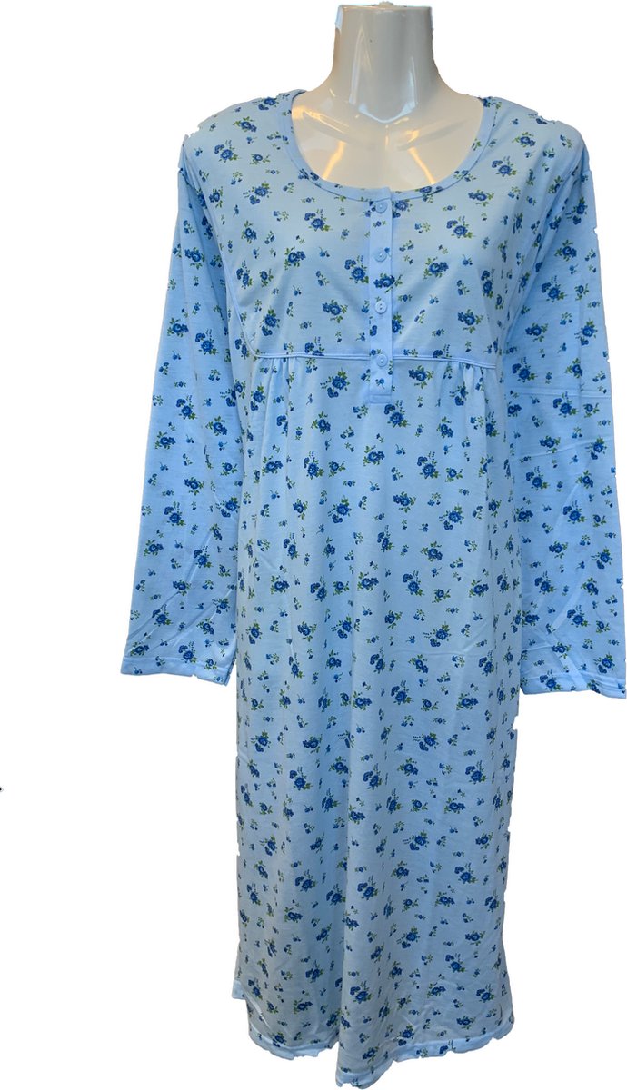 Dames Nachtjapon Gebloemd met lange mouwen - Kleur Blauw - Maat XL