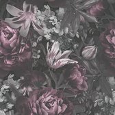 Bloemen behang Profhome 385093-GU vliesbehang hardvinyl warmdruk in reliëf glad met bloemen patroon mat roze grijs zwart 5,33 m2