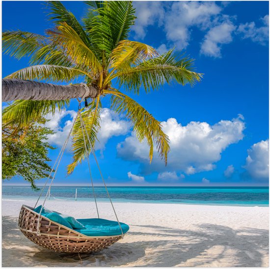 Foto: Poster glanzend groot schommelbed aan schuingroeiende palmboom optropisch eiland 50x50 cm foto op posterpapier met glanzende afwerking