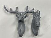 Decoratieve wandhaken "rendier/paard" - Set van 2 stuks - grijs - polyresin - hoogte 16.5x16x6.5 cm - Woonaccessoires - Wanddecoratie