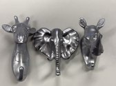 Decoratieve wandhaken "giraffe/olifant/nijlpaard" - Set van 3 stuks - zilver - polyresin - hoogte 11.5x9.5x5.5 cm - Woonaccessoires - Wanddecoratie
