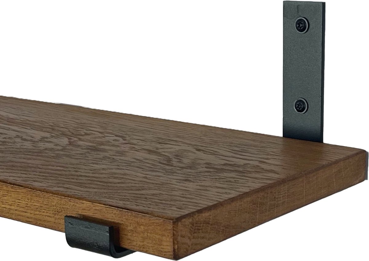 GoudmetHout Wandplank Industrieel - 50 x 25 cm Muurplank - Donker Eiken Hout - Decoratie Wandrek & Boekenrek - Hangplank Keuken - Wall Shelf + 2 Mat Zwarte Plankdragers van Staal Donker eiken - Mat zwart - 25 cm