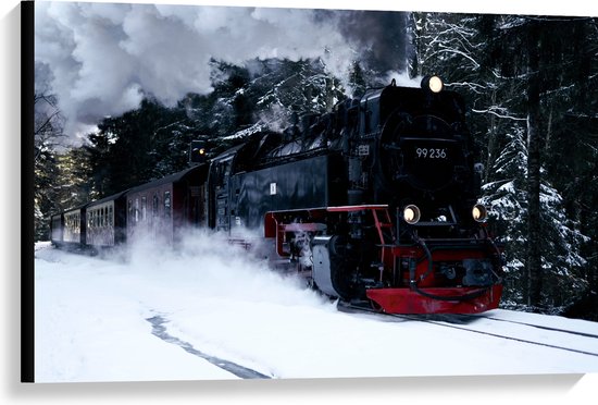 WallClassics - Canvas - Rijdende Stoomtrein in de Sneeuw - 90x60 cm Foto op Canvas Schilderij (Wanddecoratie op Canvas)