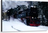 WallClassics - Canvas - Rijdende Stoomtrein in de Sneeuw - 120x80 cm Foto op Canvas Schilderij (Wanddecoratie op Canvas)