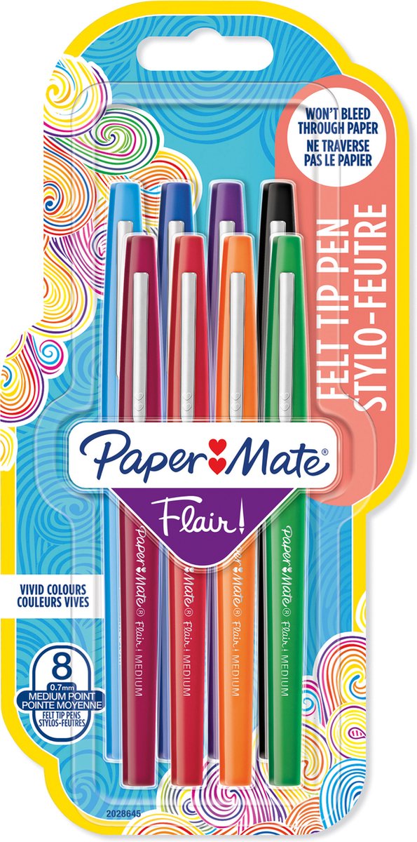Paper Mate Flair-viltstiften | Medium punt (0,7 mm) | Diverse kleuren | 8 stuks