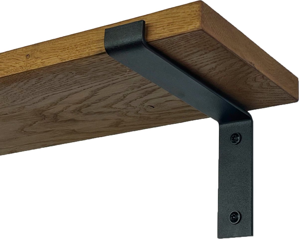 GoudmetHout Wandplank Industrieel - 60 x 20 cm Muurplank - Donker Eiken Hout - Decoratie Wandrek & Boekenrek - Hangplank Keuken - Wall Shelf + 2 Mat Zwarte Plankdragers van Staal Donker eiken - Mat Zwart 20 cm