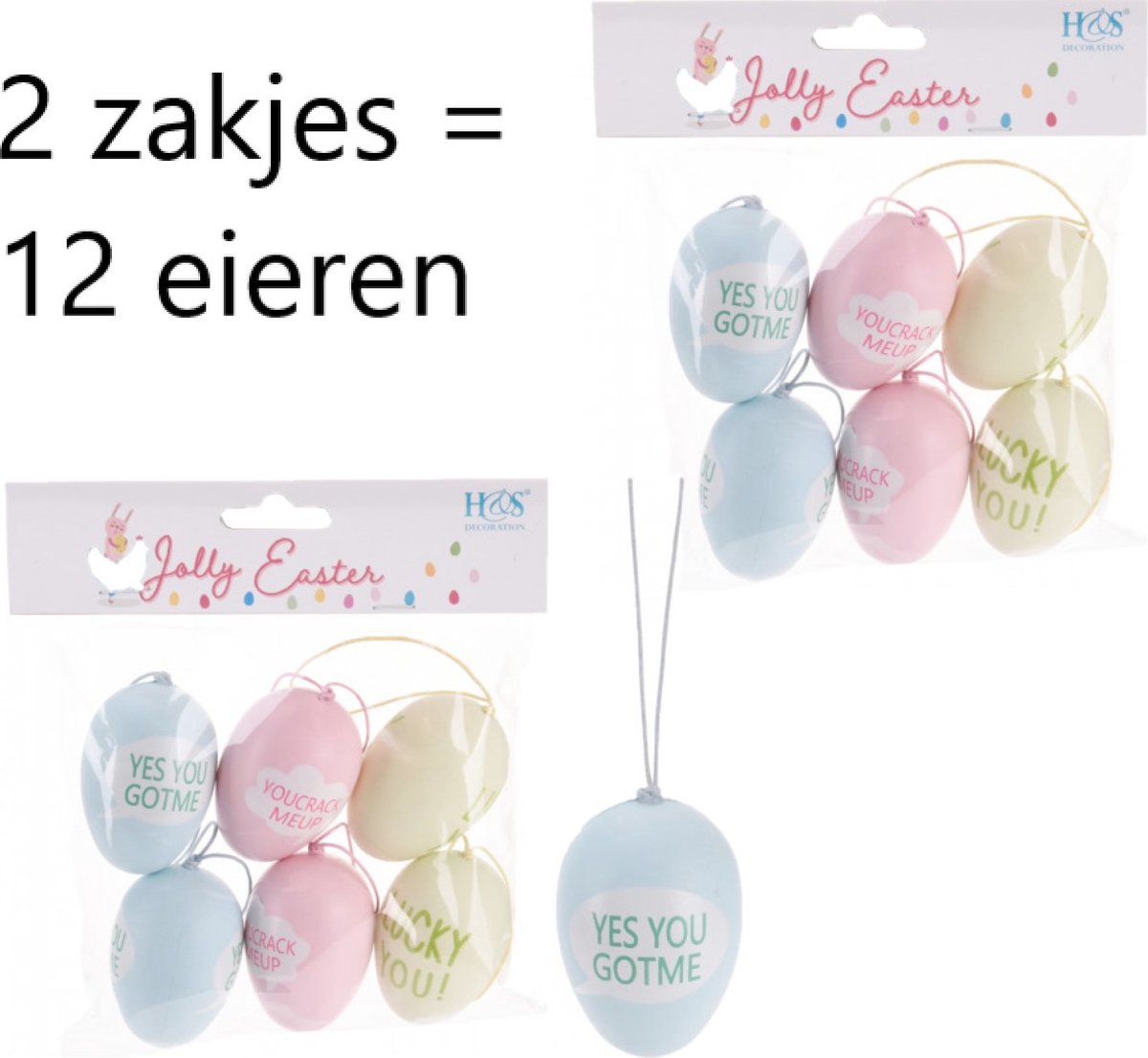 12 paaseieren voor de paastak paasboom met opschrift in pastelkleuren H6cm