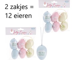 12 paaseieren voor de paastak paasboom met opschrift in pastelkleuren H6cm