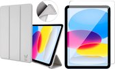 Hoes met Screenprotector geschikt voor iPad 2022 10.9 inch 10e Generatie - Trifold Smart Cover Book Case Leer Tablet Hoesje Grijs + Gehard Glas Screen Protector