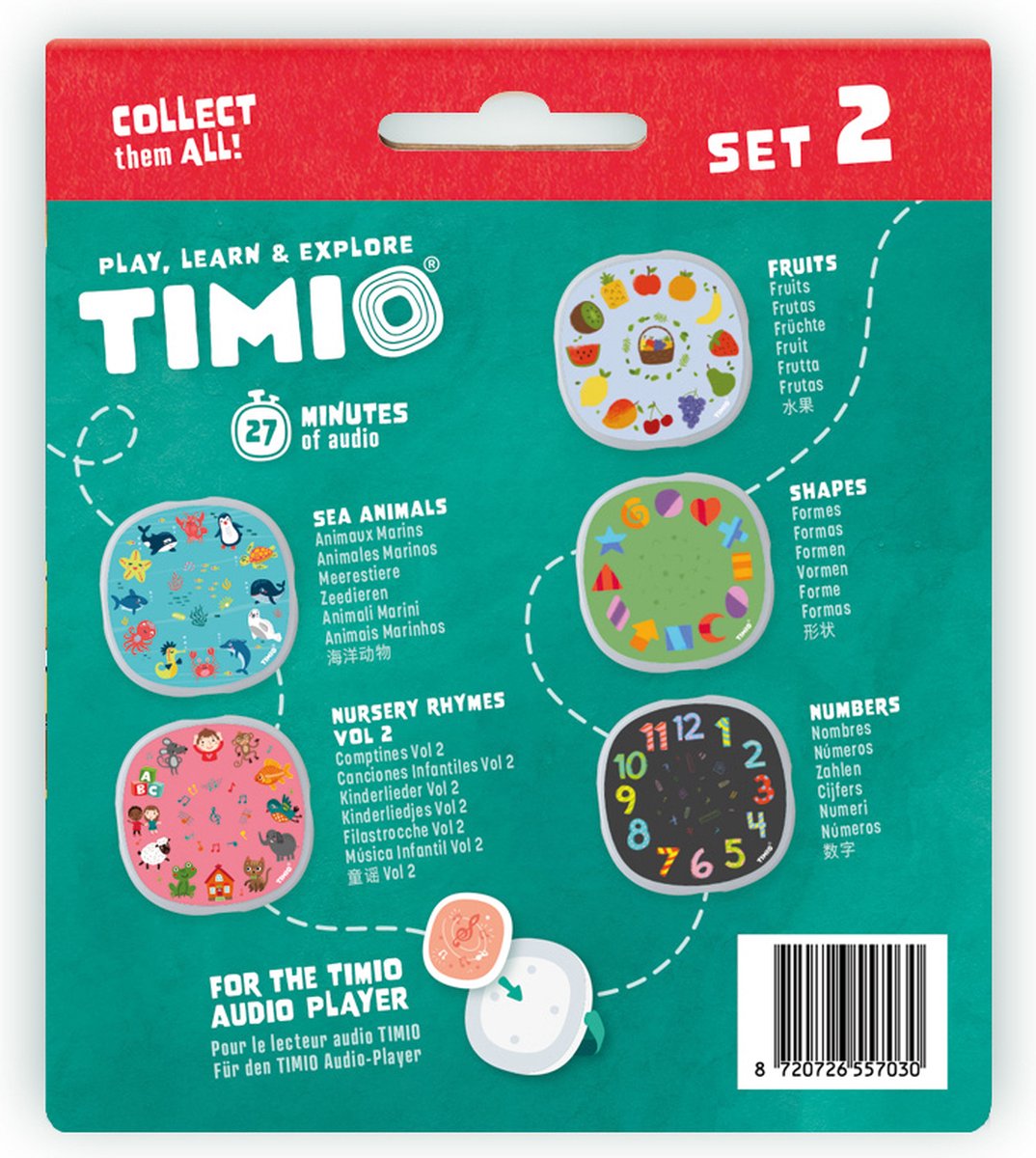 TIMIO Disk Set # 2: 5 Audio-Discs voor de TIMIO Player | Leer Getallen, 96 Kinderliedjes Vol. 2, Zeedieren, Vormen, Fruit | Alles in 8 Talen | Leerspeelgoed van 2 - 6 Jaar — afbeelding 8
