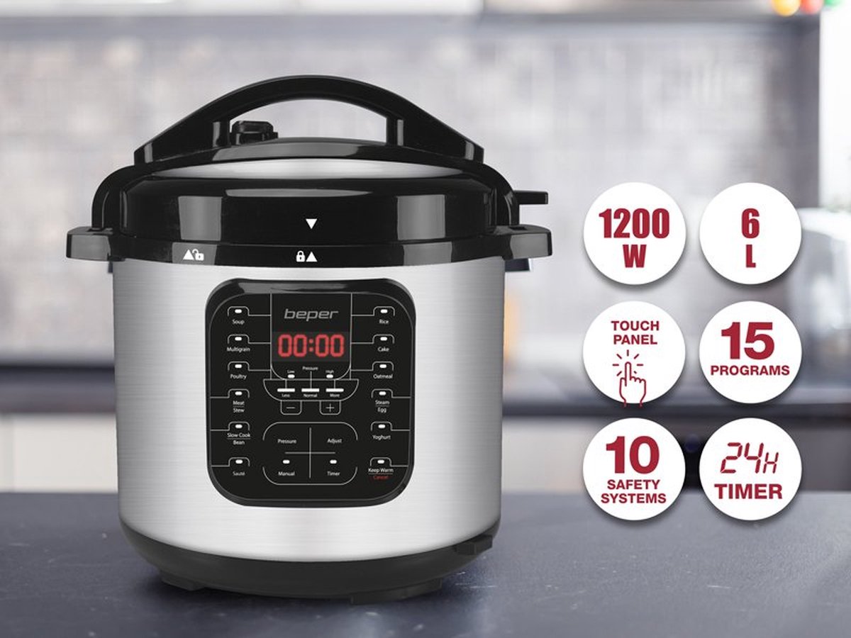 BEPER P101COS001 Slow Cooker, Multicooker & Pressure Cooker 6 Liter - Electric Pressure Cooker with 15 Cooking Programs Black
