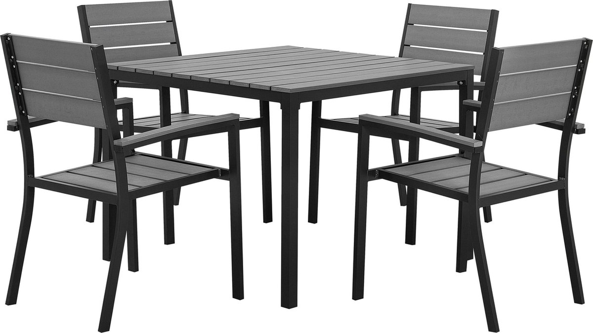 Moderne grijze tuinset voor 4 personen met kunsthouten afwerking.