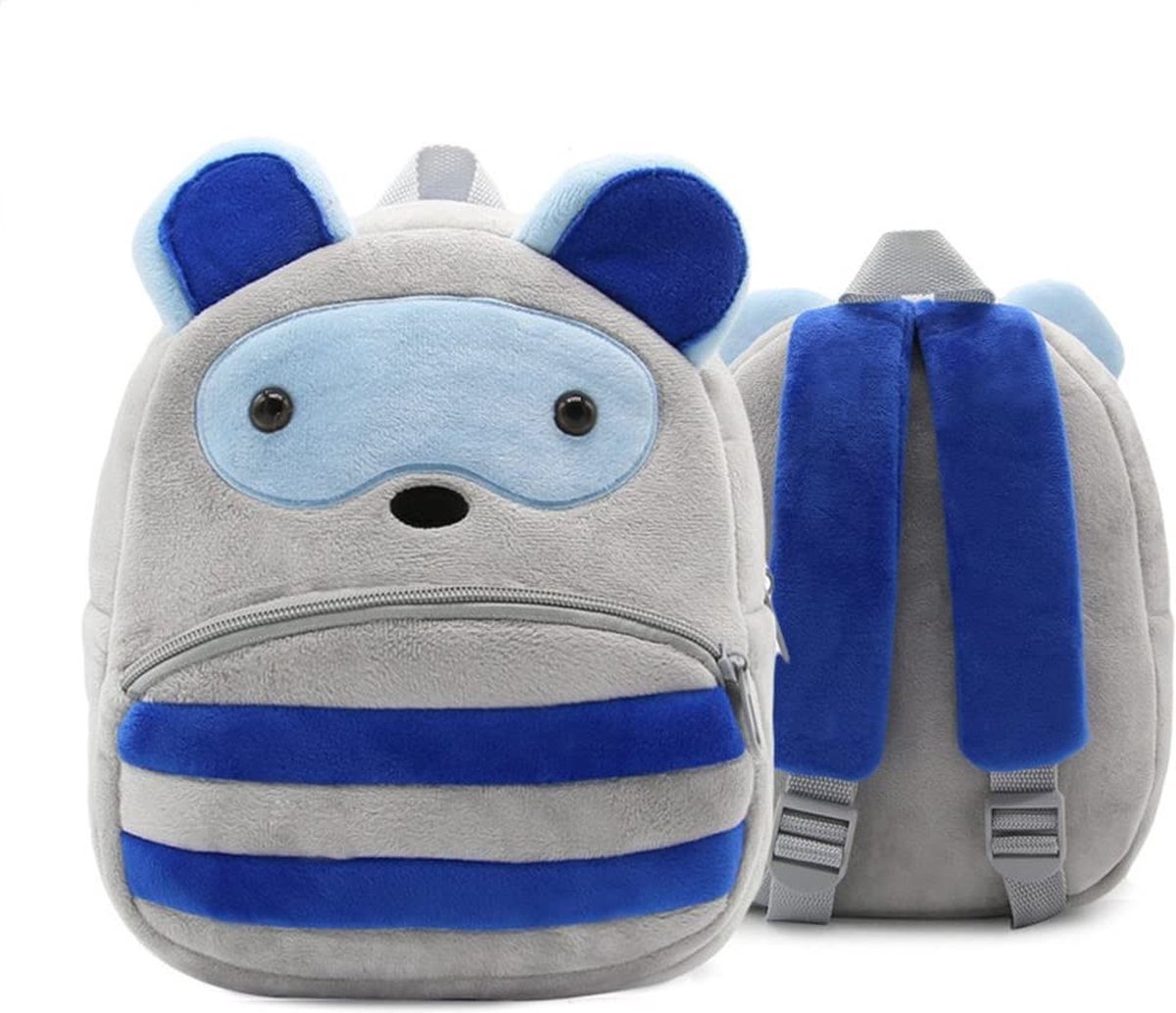 BoefieBoef Wasbeer peuter / kleuter rugtas - Rocking Racoon kinder rugzak - jongens en meisjes - 6 liter - 0 tot 5 jaar oud - dierentas - peuterspeelzaal - Kerst Cadeau - gymtas - speelzaal - bso - baby backpack - schooltas - beer - zwart wit - dier
