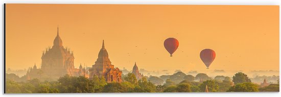 Dibond - Luchtballonnen Zwevend boven Planten bij Twee Tempels - Bagan Myanmar - 60x20 cm Foto op Aluminium (Met Ophangsysteem)