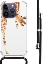 Hoesje met koord - Geschikt voor iPhone 14 Pro Max - Giraffe - Verstelbaar zwart koord - Bruin, Transparant - Giraffe - Leuke Telefoonhoesjes