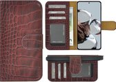 MoDo hoesje voor Xiaomi 12T/ 12T Pro - Echt Leer Book Case - Croco Bordeauxrood
