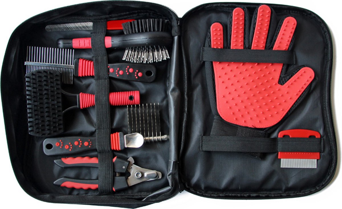 SFT Products Huisdieren Verzorgingsset - Rood/Zwart - Hondenkam - Klittenkam - Hondenborstel - Hondenborstel Langharig