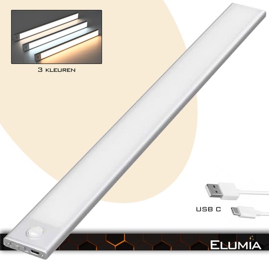 Lampe LED Elumia® 80cm avec détecteur de mouvement - 3 couleurs (blanc chaud, blanc et blanc froid) - USB C - Siècle des Lumières LED avec 156 LED - Aluminium - Magnétique - Batterie rechargeable par USB - Confirmation facile