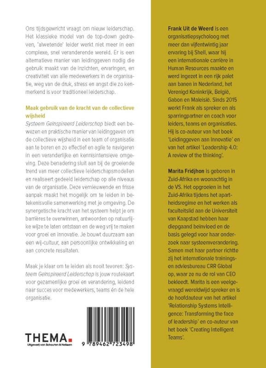 Boekcover met een gouden rand en een tekst in het Nederlands. Rechts is een profiel van Frank Uit de Weerd en Marita Fridjhon.