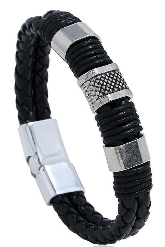 Fashion Jewelry Armband Gevlochten met RVS accenten Zwart magnetische sluiting - Vaderdag - Vaderdag cadeau - Kado - Mannen accessoires - Mannen armband