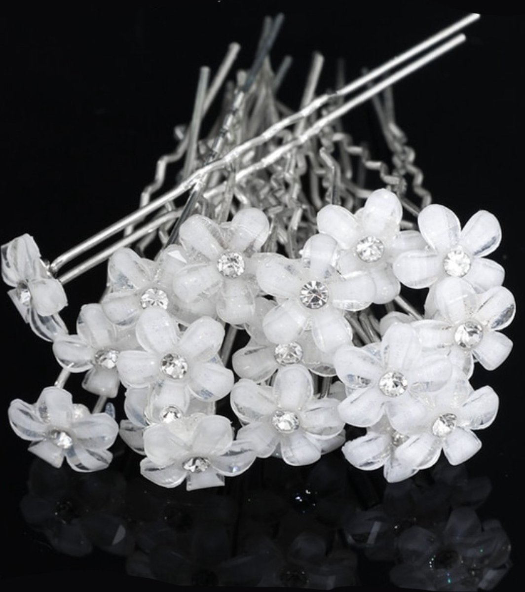 Zilverkleurige haarspeldjes met witte bloem 10 stuks - bruidskapsel - bruiloft - gala - haar