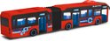 Rode gelede stadsbus met blauwe interieur en details, deuren staan open.