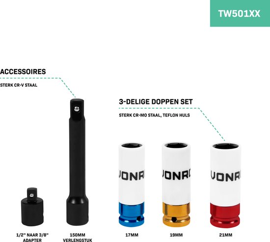 Een 1/2" adapter, een 150mm verlengstuk, en een 3-delige doppenset met 17mm blauwe, 19mm gouden, en 21mm rode doppen.