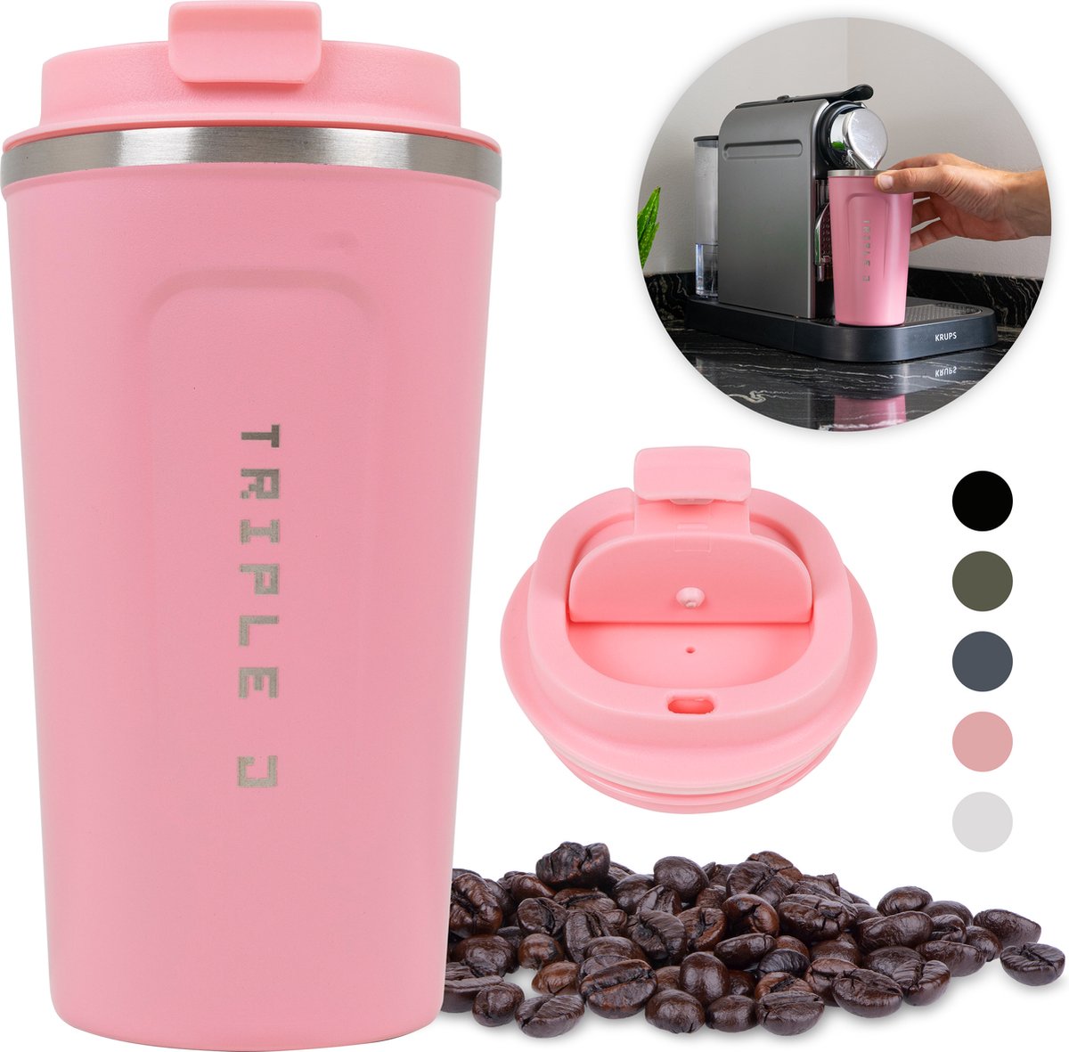 Triple J® Koffiebeker Thermosbeker To Go - Perfecte Koffiemok Onderweg - BPA & Lekvrij - 510ml - Roze