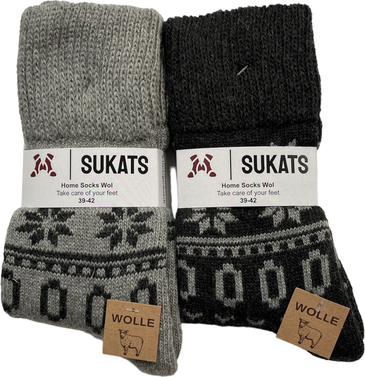 Sukats® Huissokken - Noorse Wollen Sokken - Homesocks - 2 Paar - Maat 39-42 - Zwart/Grijs - Wol - Warm - Winter - Unisex