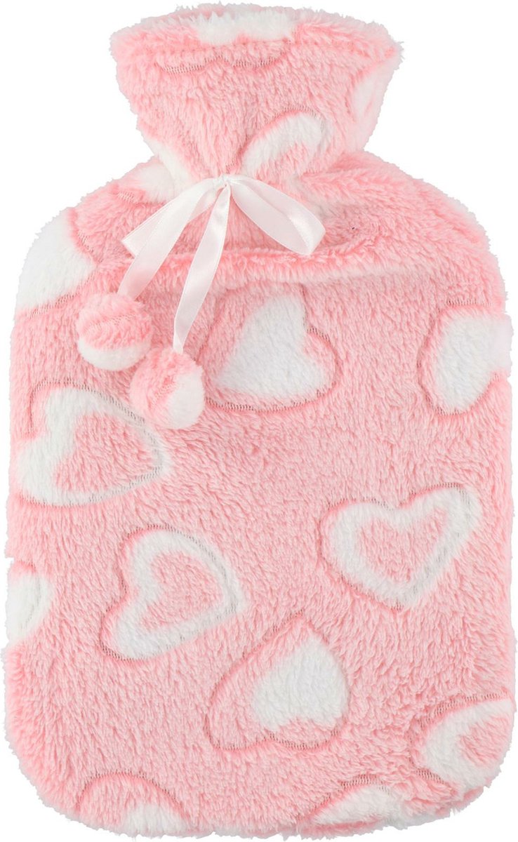 Goedkoopste Warmwaterkruik - fleece hoes - hartjes print roze - 2 liter