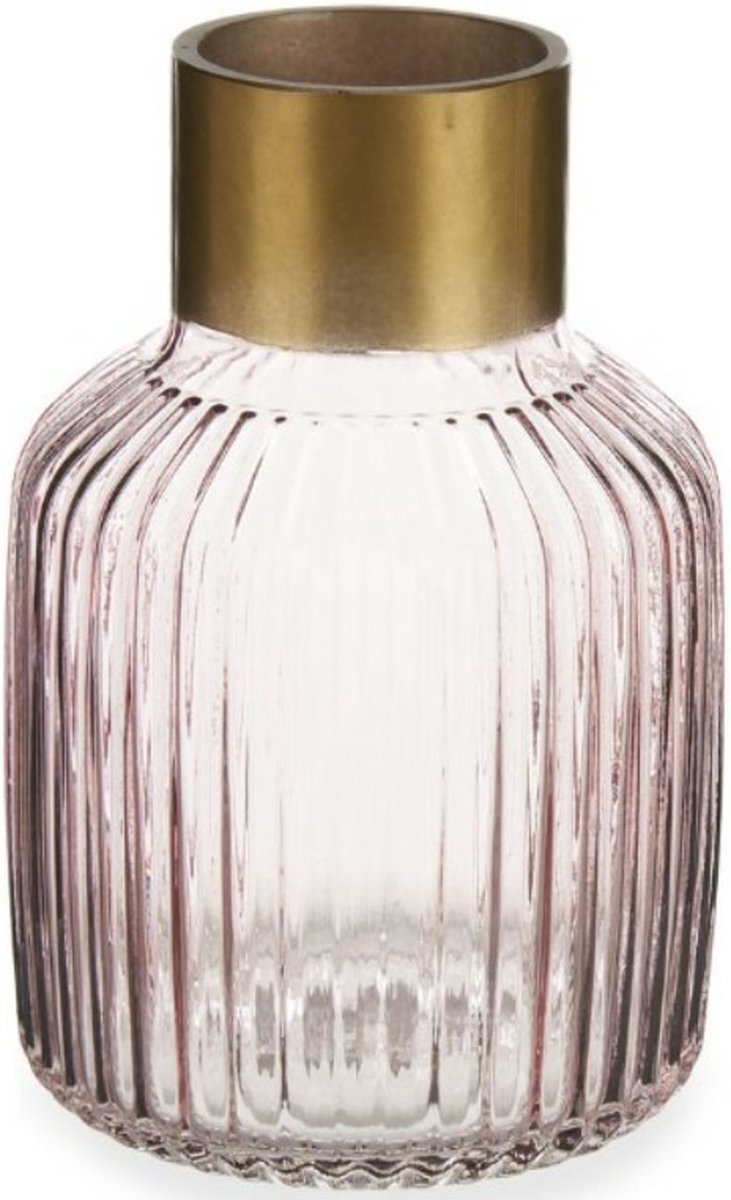 Giftdecor Bloemenvaas - decoratie glas - roze transparant/goud - 14x22 cm - vaas