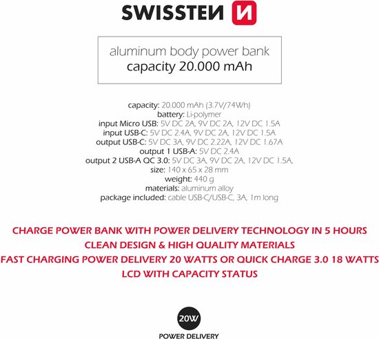 Swissten Powerbank Aluminium Body - 20.000 mAh - geschikt voor o.a. Apple  iPhone /